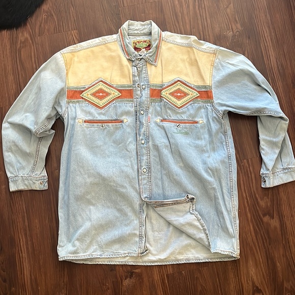 Other - Men's Denim Western Shirt with Tan and Orange Accents
